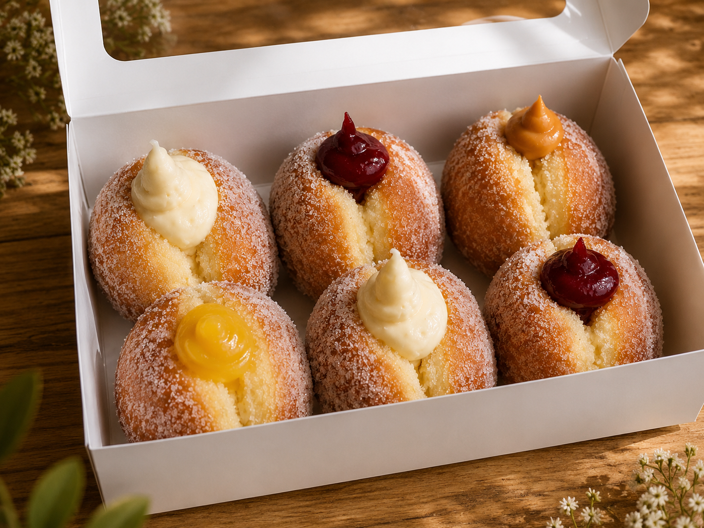The Malasada Social (6 Count)- Coconut Cream/Guava/Mango/Pineapple/Lime/Strawberry